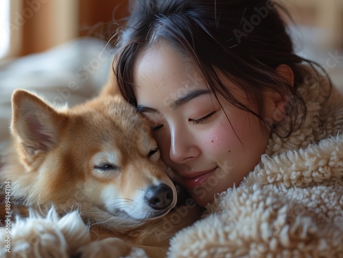 Serene Moments: Person Cuddling with Dog on Tatami Mat in Traditional Japanese Home