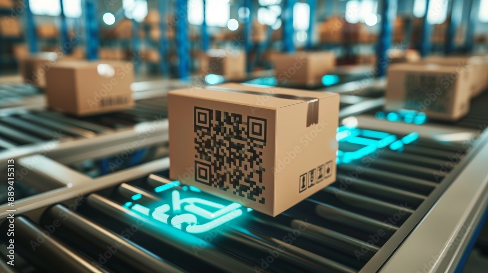 box with QR code in a shipping logistics warehouse box with QR code in a shipping logistics warehouse