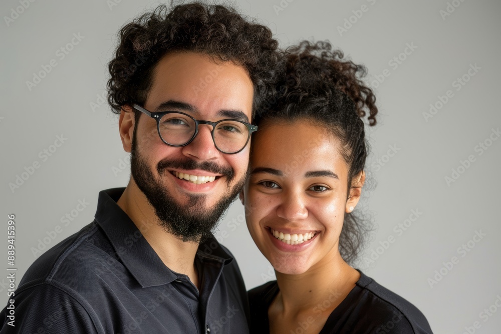 Portrait of a cheerful multicultural couple in their 20s donning a classy polo shirt over plain white digital canvas Portrait of a cheerful multicultural couple in their 20s donning a classy polo shirt over plain white digital canvas