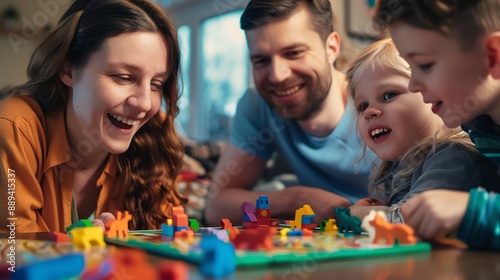 A happy family of four plays a board game together.