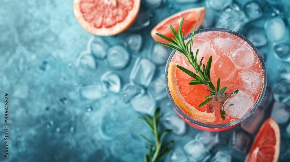 Refreshing drink with natural ice, grapefruit, and rosemary in a frozen glass. with copy space Refreshing drink with natural ice, grapefruit, and rosemary in a frozen glass. with copy space