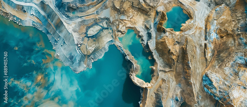 An open pit mine with blue water. Gold, diamond, silver, minerals, or copper mine concept. Top view.