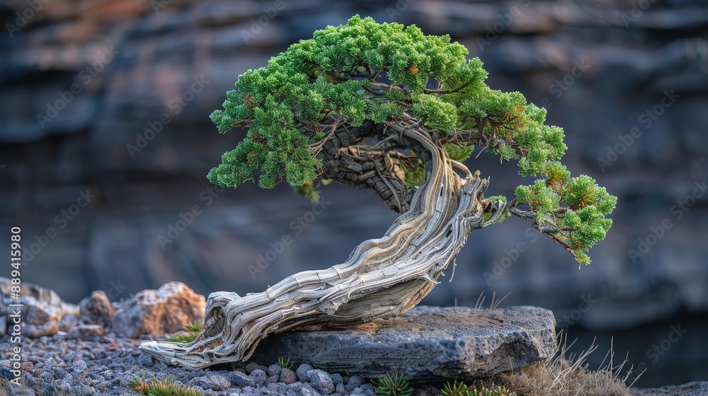 Twisted juniper bonsai tree with green branches in a rocky garden Twisted juniper bonsai tree with green branches in a rocky garden