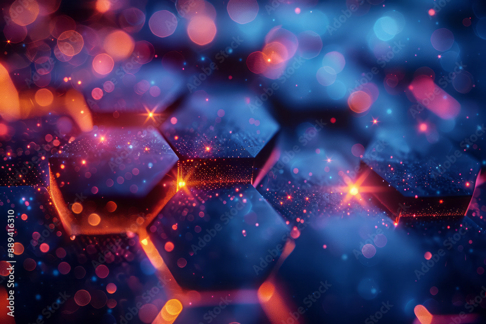 A surreal composition of illuminated hexagons with bright bokeh effects, set against a midnight blue backdrop, A surreal composition of illuminated hexagons with bright bokeh effects, set against a midnight blue backdrop,