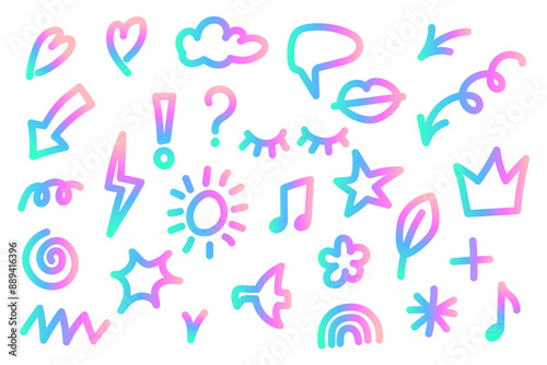 Set of hand drawn doodles. Colorful gradient elements on a white background. Sketch line elements. Holographic colors. Heart, cloud, arrow, star, crown, note, sun, bird. Vector illustration.