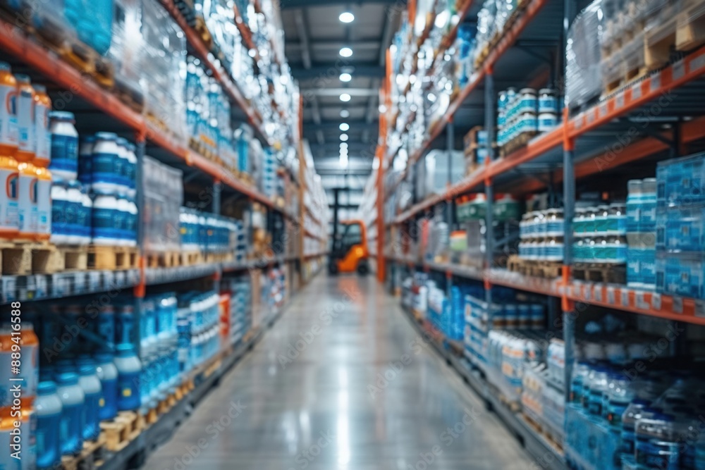 Retail warehouse full of shelves with goods in cartons, with pallets and forklifts Logistics and transportation blurred background Product distribution center Retail warehouse full of shelves with goods in cartons, with pallets and forklifts Logistics and transportation blurred background Product distribution center