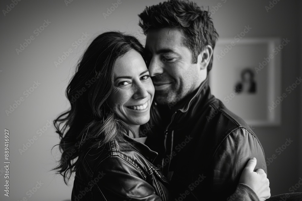 Portrait of a blissful caucasian couple in their 40s wearing a trendy bomber jacket on bare monochromatic room Portrait of a blissful caucasian couple in their 40s wearing a trendy bomber jacket on bare monochromatic room