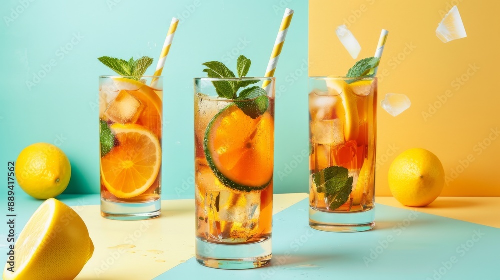 Fototapeta premium Refreshing Long Island Iced Tea cocktail with citrus on multi-colored background