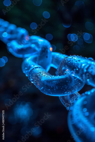 Minimalist design of blockchain chain links illuminated with blue bokeh lights, creating a high-tech digital look,