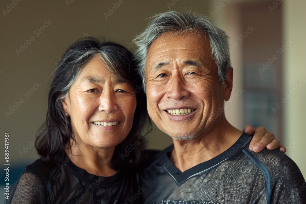 Portrait of a smiling asian couple in their 50s sporting a breathable mesh jersey on bare monochromatic room Portrait of a smiling asian couple in their 50s sporting a breathable mesh jersey on bare monochromatic room