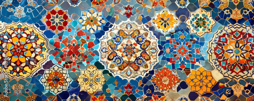 A traditional Persian mosaic wall featuring vibrant geometric patterns and floral designs in a spectrum of colors including deep blues, rich reds, and golden yellows, showcasing the artistic mastery