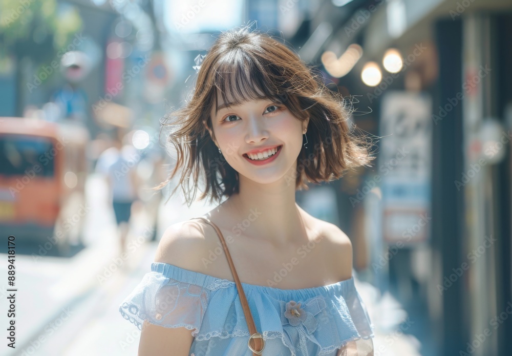 A cute Asian woman walking on the street while smiling, wearing a light blue dress, professional photography, under the sunlight, created with AI A cute Asian woman walking on the street while smiling, wearing a light blue dress, professional photography, under the sunlight, created with AI