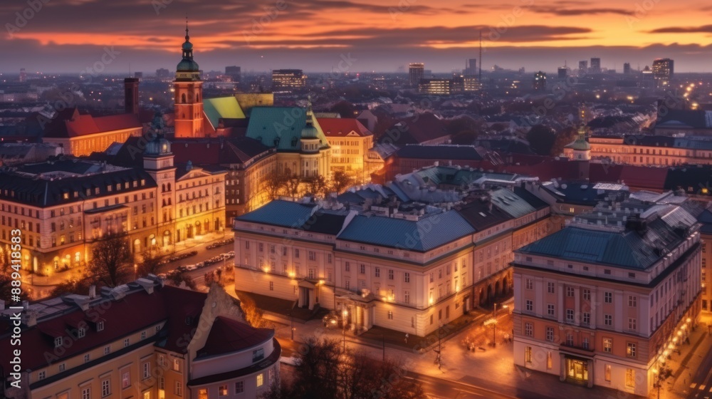 Naklejka premium Aerial View of Warsaw's Cityscape at Dusk