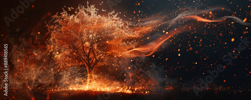 A tree in flames with glowing embers and rising smoke, isolated on a stark black background, highlighting the drama and destruction.