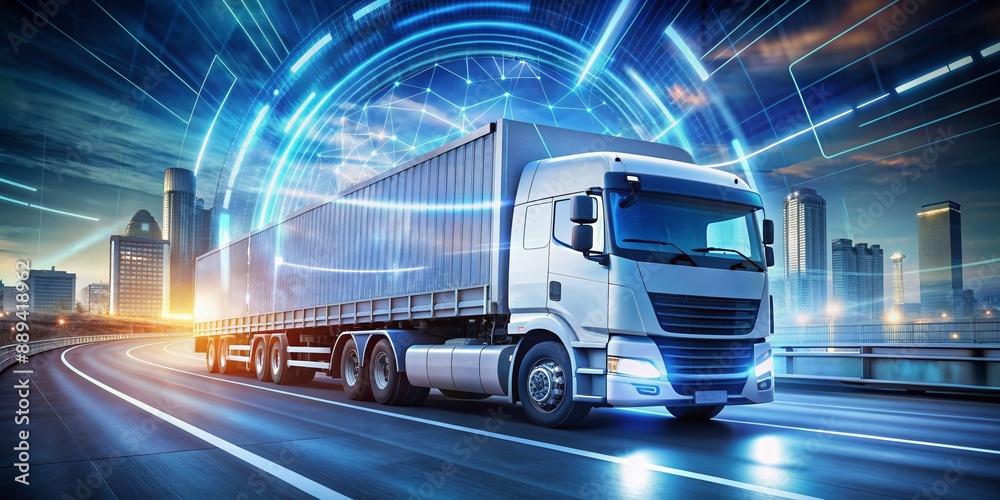 A futuristic semi-truck drives on a highway surrounded by digital graphs, charts, and circuits, symbolizing the integration of technology and data to boost efficiency. A futuristic semi-truck drives on a highway surrounded by digital graphs, charts, and circuits, symbolizing the integration of technology and data to boost efficiency.