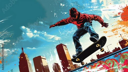 Dynamic vector illustration of a skateboard park, showcasing skaters performing tricks with urban graffiti in the background