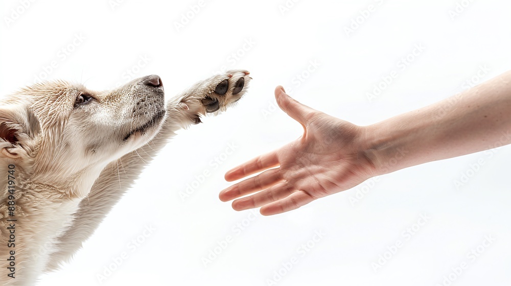 High five dog paw with human hand side view isolated on white background High five dog paw with human hand side view isolated on white background