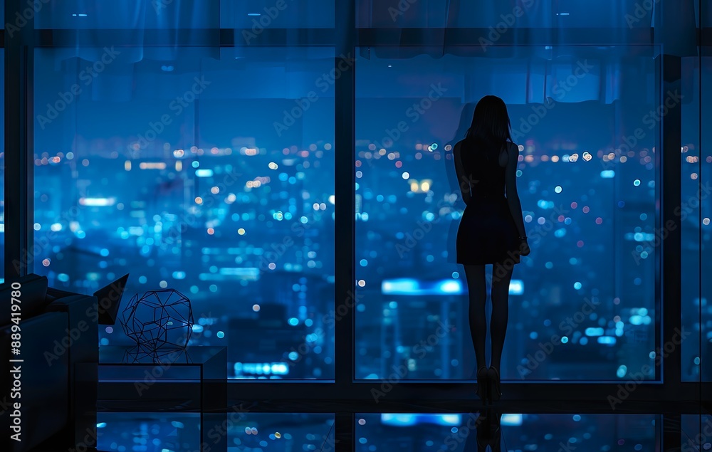 Fototapeta premium Young romantic woman, girl looking out through a panoramic window at night city and dark blue sky. Illustration can be used as poster for home design.