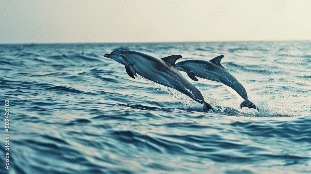 Fototapeta premium Dolphins jumping out of the water poster with
