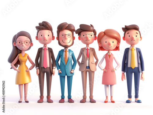 A group of people are standing in a line, all wearing suits and office clothes. 3D cartoon style illustration. 