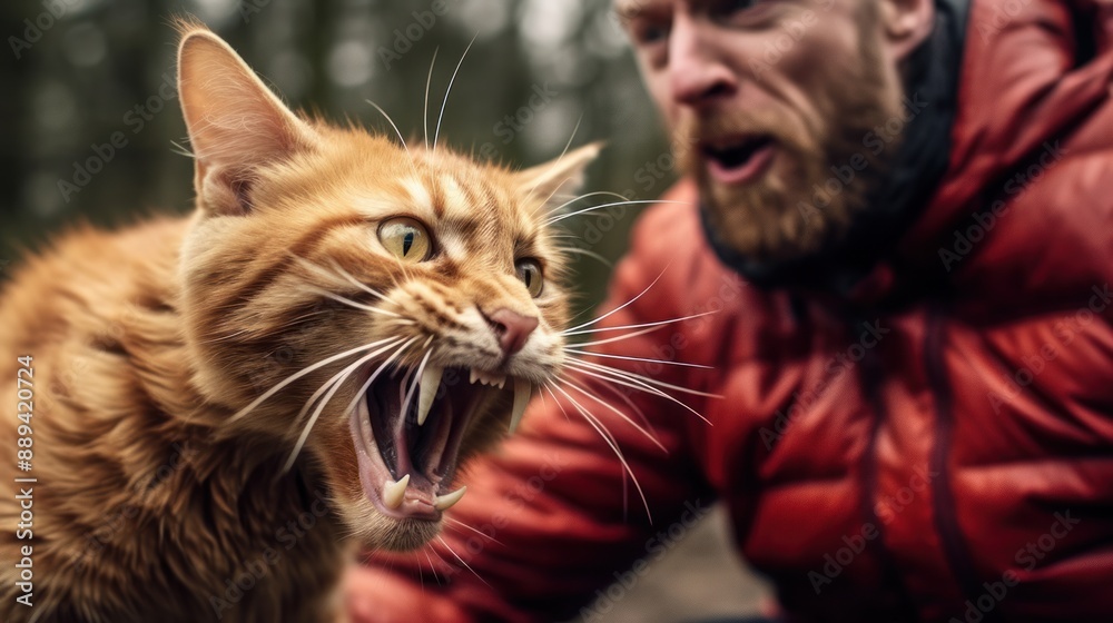 A Surprised Man Facing an Angry Cat A Surprised Man Facing an Angry Cat