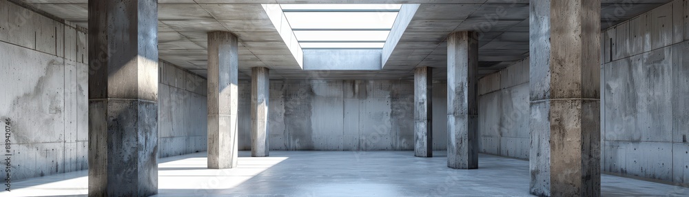 A large, empty room with a lot of pillars and a large window. The room is very open and has a lot of space