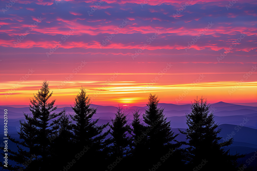 Fototapeta premium Stunning Mountain Sunset Vista with Vibrant Colors and Silhouetted Trees, Capturing the Beauty of Nature's Evening Splendor in a Serene Landscape