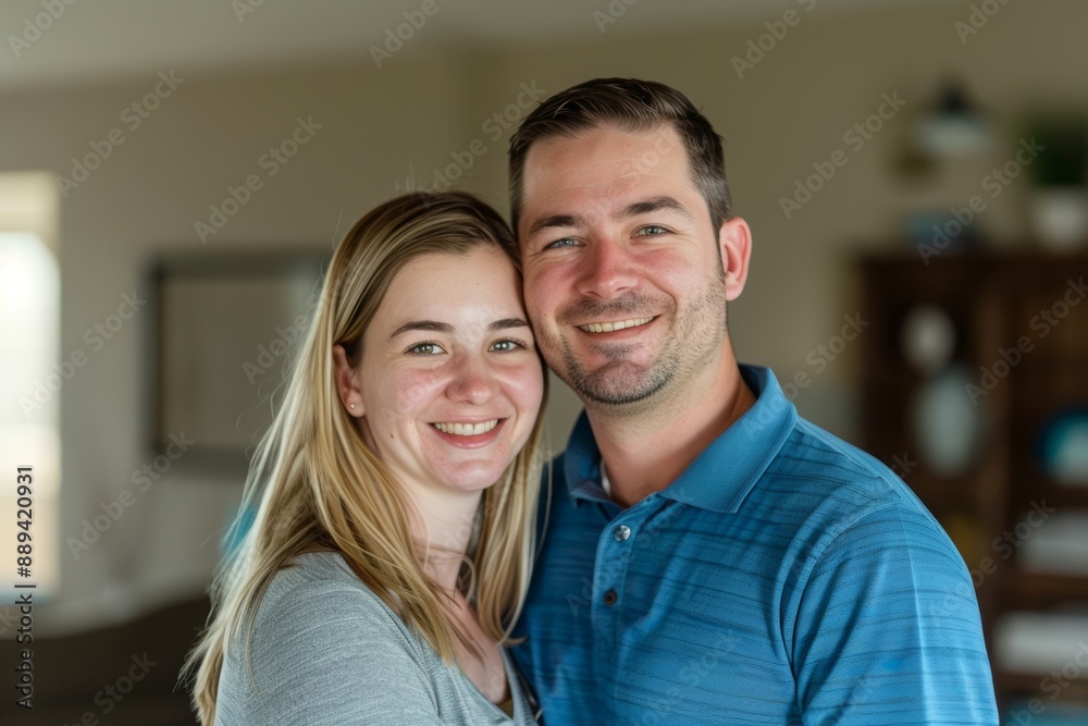 Portrait of a grinning caucasian couple in their 20s wearing a breathable golf polo in stylized simple home office background Portrait of a grinning caucasian couple in their 20s wearing a breathable golf polo in stylized simple home office background