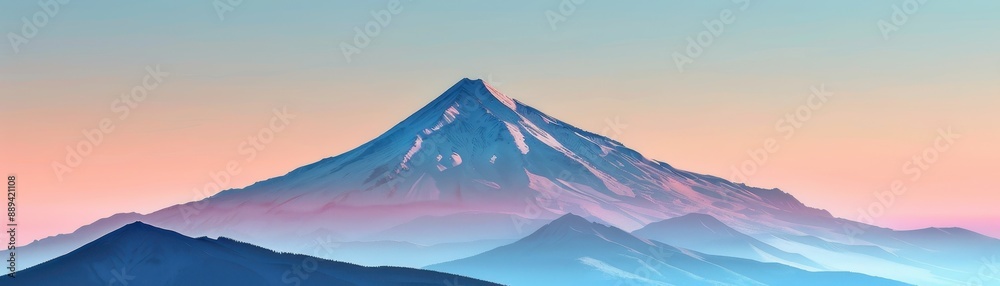 Fototapeta premium A mountain with a snow cap and a blue sky in the background. The mountain is the main focus of the image