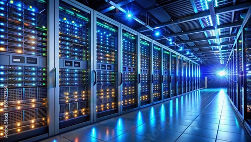 Racks of sleek server units with blinking lights and wires, stacked in a dimly lit data center, surrounded by advanced computer hardware and peripherals. photo