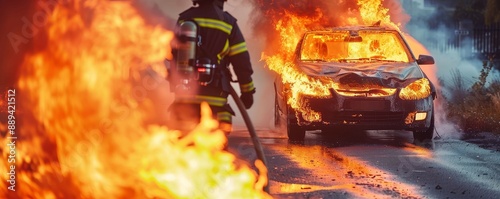 Car engulfed in flames after a violent crash, firefighters working quickly to extinguish the fire photo