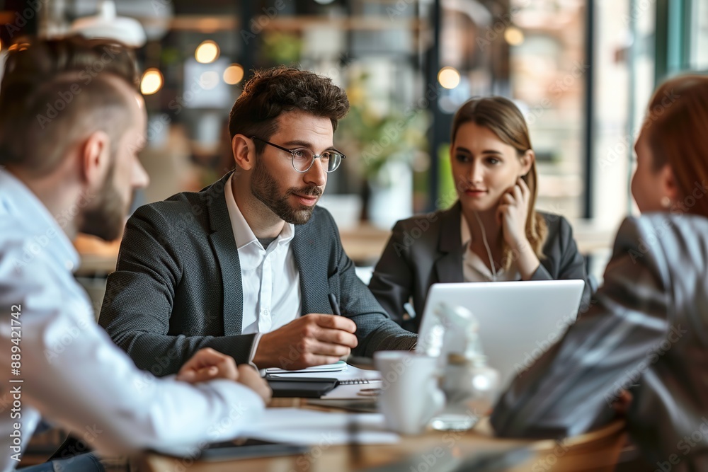 Diverse businesspeople sitting at office desk discussing business project together Diverse businesspeople sitting at office desk discussing business project together