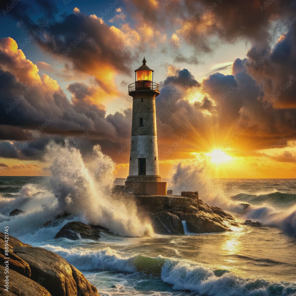 Dramatic coastal scene featuring a majestic lighthouse standing tall amidst turbulent waves crashing against rocky shores as warm sunset rays pierce through dark clouds. Dramatic coastal scene featuring a majestic lighthouse standing tall amidst turbulent waves crashing against rocky shores as warm sunset rays pierce through dark clouds.