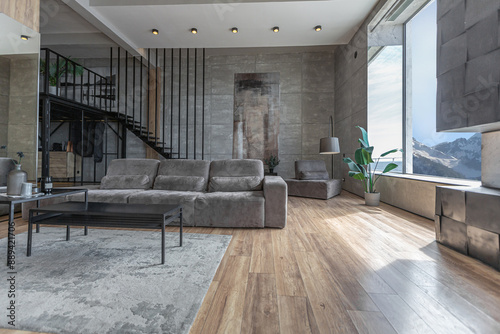 stylish minimalistic restrained modern interior of the apartment, a spacious room with a swimming pool, large panoramic windows overlooking the mountains. without people in the daytime