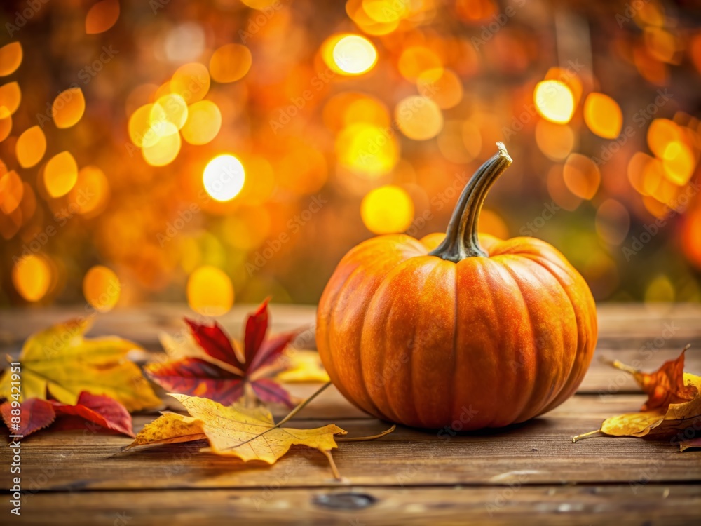 Vibrant orange pumpkin sits on a wooden table amidst a warm, blurred bokeh background, surrounded by autumnal leaves, with ample copy space for seasonal messages. Vibrant orange pumpkin sits on a wooden table amidst a warm, blurred bokeh background, surrounded by autumnal leaves, with ample copy space for seasonal messages.