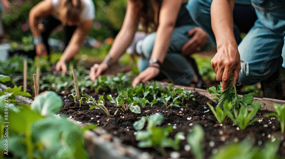 Community garden with people planting and tending to vegetables, showcasing the therapeutic effects of gardening Community garden with people planting and tending to vegetables, showcasing the therapeutic effects of gardening