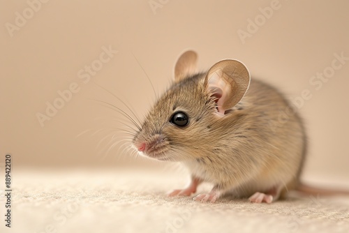 Cute brown mouse on beige background