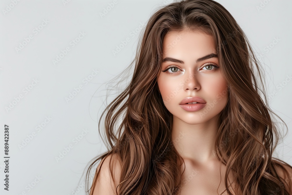 A stylish and sophisticated woman exudes charm with her long brown hair. She poses gracefully, radiating allure and attracting attention with her elegance and attractive appearance A stylish and sophisticated woman exudes charm with her long brown hair. She poses gracefully, radiating allure and attracting attention with her elegance and attractive appearance