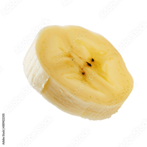 a single one banana slice drop fly in the air cut out background. photo