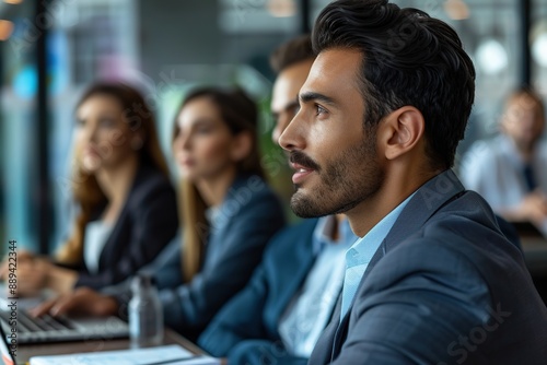 Diverse businesspeople sitting at office desk discussing business project together © Alina