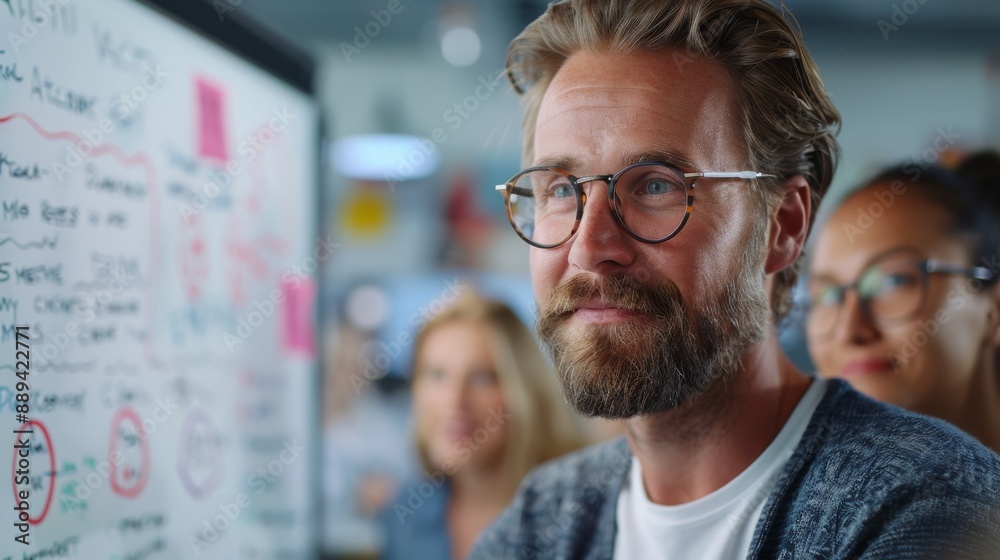 A diverse team of professionals brainstorms in a modern office, discussing ideas in front of a whiteboard with diagrams and notes. A diverse team of professionals brainstorms in a modern office, discussing ideas in front of a whiteboard with diagrams and notes.
