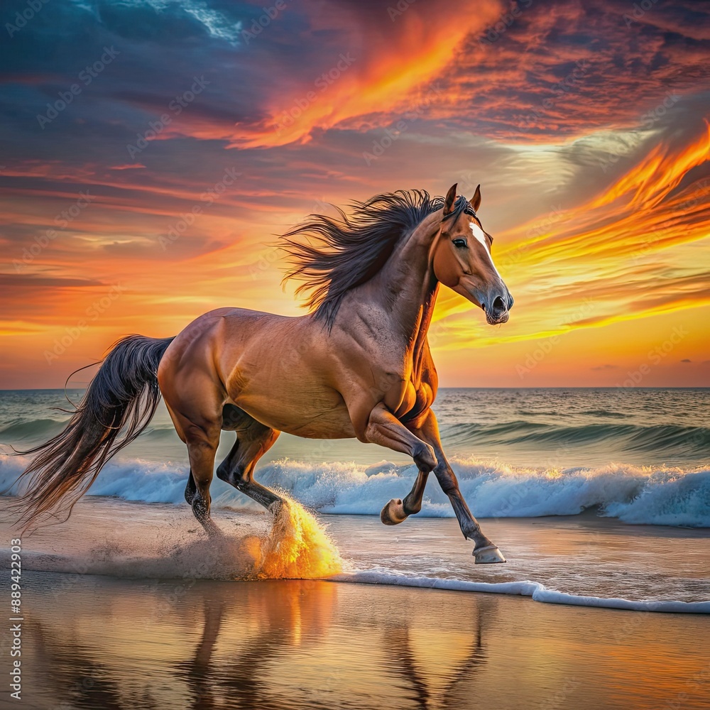 Majestic wild horse gallops freely along sandy shoreline, mane flowing in ocean breeze, under vibrant orange and pink hues of a serene sunset sky. Majestic wild horse gallops freely along sandy shoreline, mane flowing in ocean breeze, under vibrant orange and pink hues of a serene sunset sky.