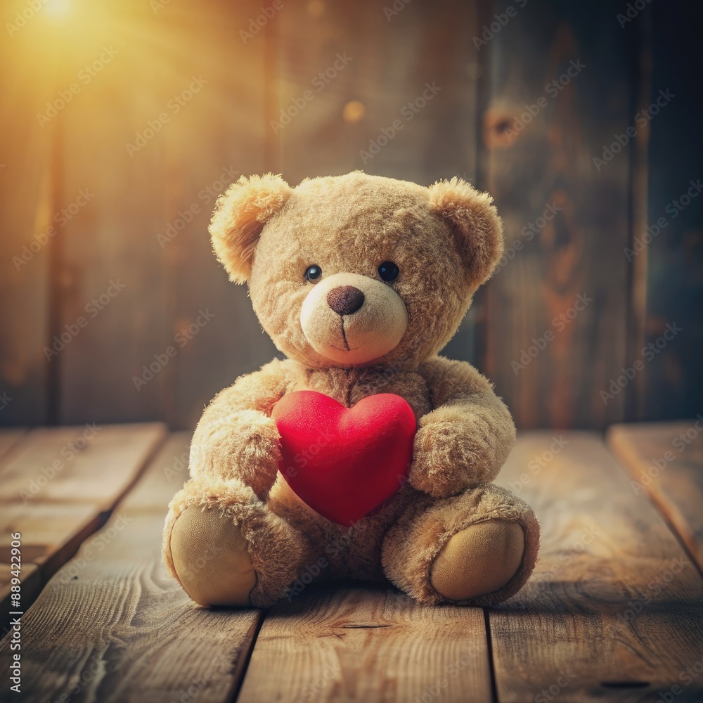 Adorable teddy bear plush toy holding a small red heart on a rustic wooden table, surrounded by soft warm light, evoking feelings of love and tenderness. Adorable teddy bear plush toy holding a small red heart on a rustic wooden table, surrounded by soft warm light, evoking feelings of love and tenderness.