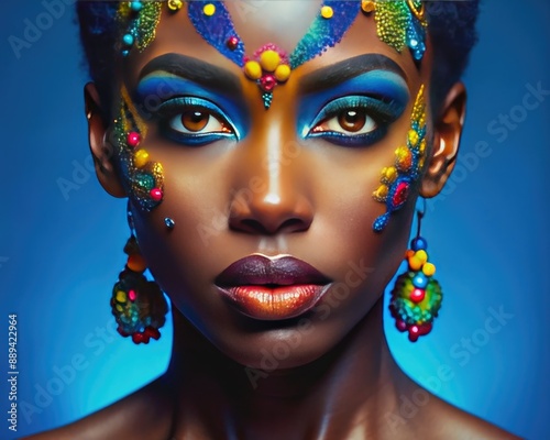 Vibrant blue background sets the stage for a stunning closeup of a black woman's face adorned with bold, colorful, and intricately designed creative makeup. photo