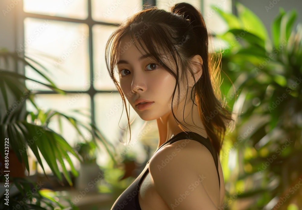 A beautiful Japanese Asian woman wearing a yoga attire, exercise session, fitness, calm and soothing, professional photoshoot A beautiful Japanese Asian woman wearing a yoga attire, exercise session, fitness, calm and soothing, professional photoshoot