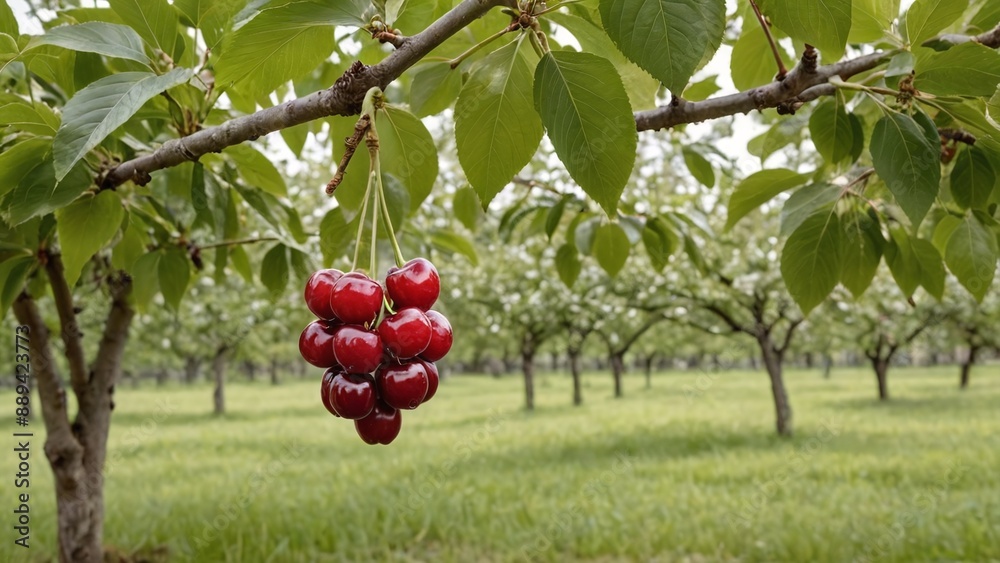 Fototapeta premium Bountiful Harvest Red Cherries Adorning Lush Green Orchard