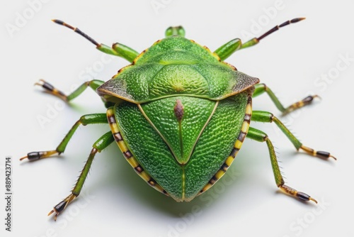 Vibrant green stink bug with distinctive shield-shaped body and six legs perches on a white background, showcasing intricate details and textures of its exoskeleton.