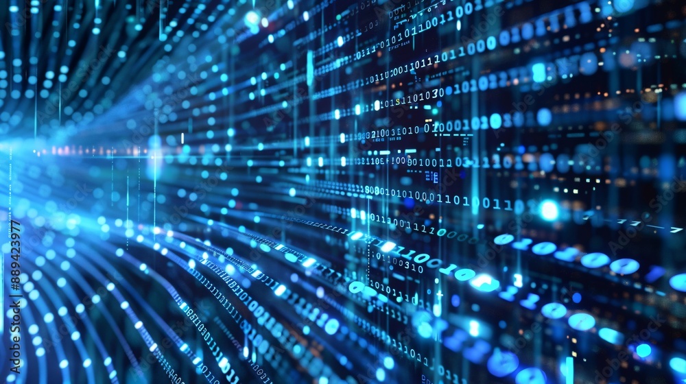 A futuristic background showcasing binary code and data flow, symbolizing the core of digital technology and AI-driven processes
