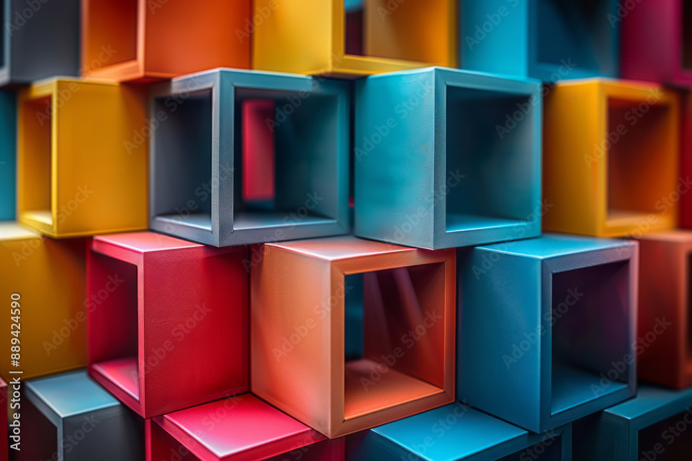 Obraz premium An intricate design of interlocking 3D cubes in various bright colors, forming an abstract geometric pattern against a light gray background,