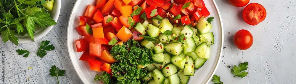 A fresh and colorful vegetable salad with tomatoes, cucumbers, peppers, and herbs, arranged on a white bowl on a rustic table. A fresh and colorful vegetable salad with tomatoes, cucumbers, peppers, and herbs, arranged on a white bowl on a rustic table.